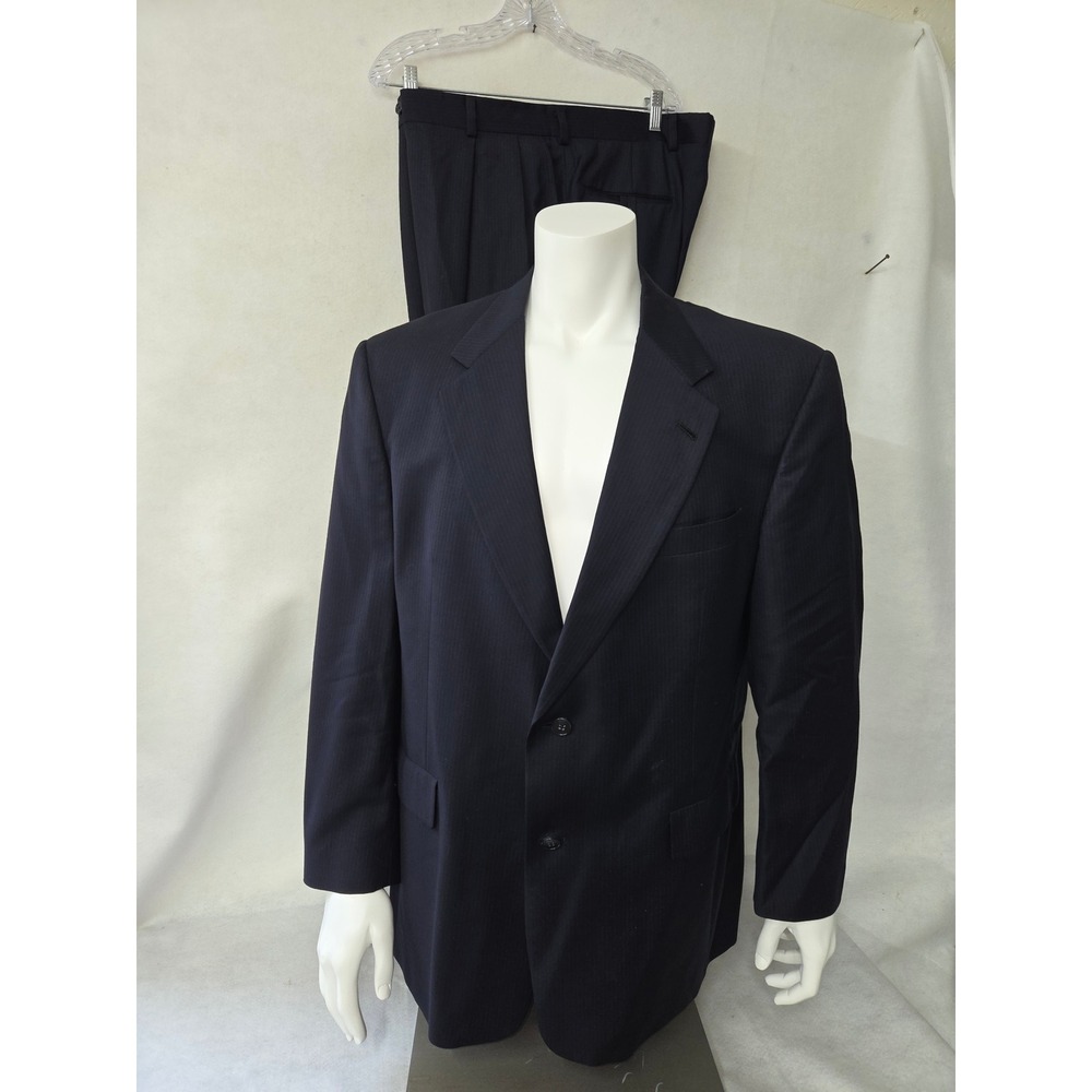 Woolmark Mens Navy Blue Pinstripe 2 Button Suit Set 44R 40W Made in USA Vtg READ